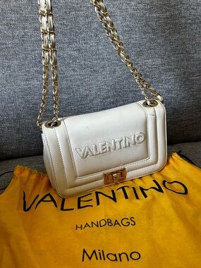 Valentino Cream Leather Shoulder Bag with Gold Chain